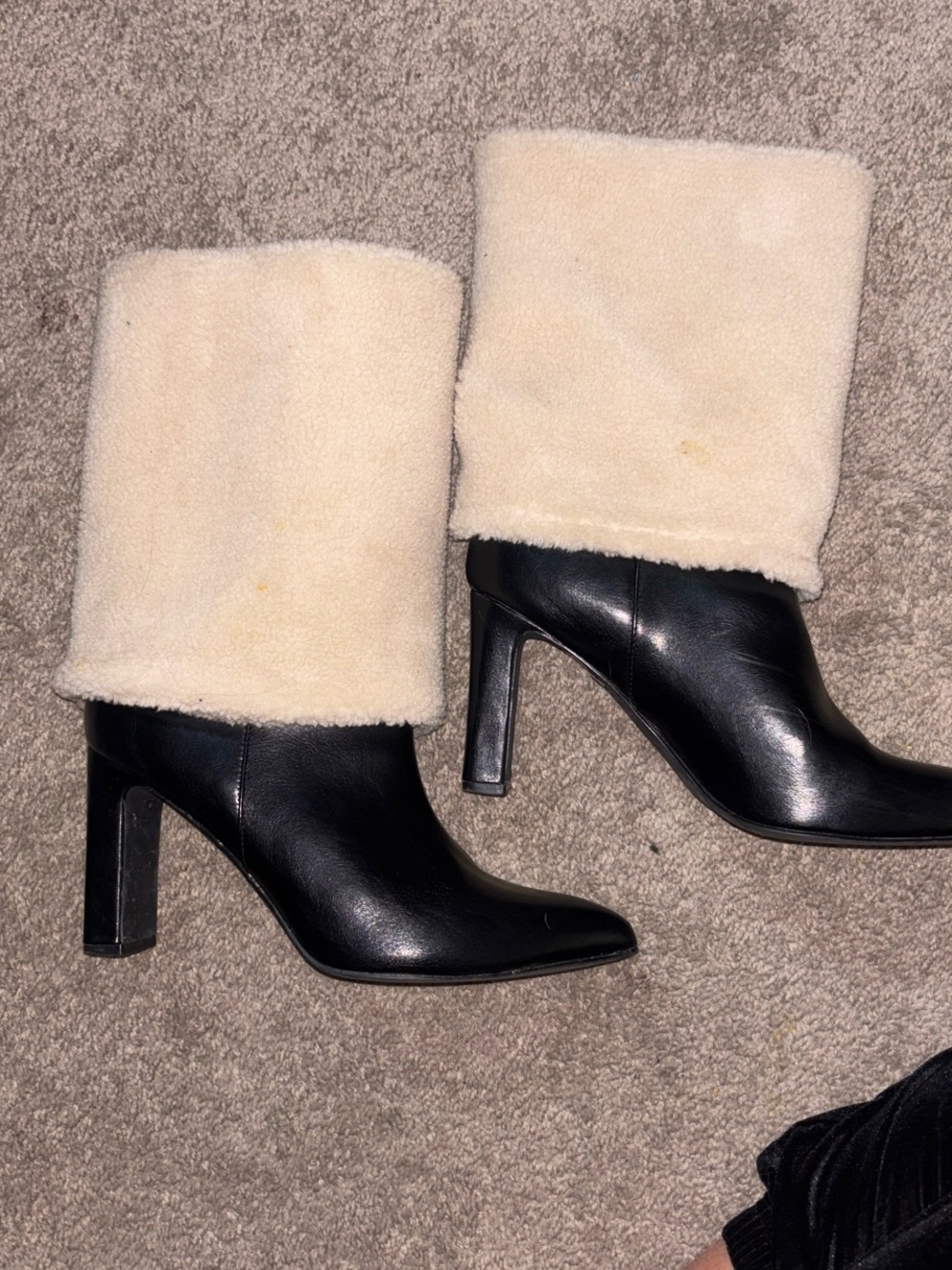 Forever 21 Black Heeled Boots with Cream Fold-Over Shearling Cuff